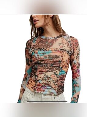 NWT Ariana Free People Floral Ruched Sheer Long Sleeve Top in Tan and Peach